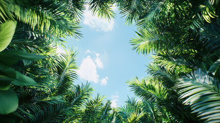 Fototapeta premium Looking up through lush green tropical palm leaves and vegetation towards a vibrant blue sky with scattered white clouds on a warm sunny day in the rainforest.