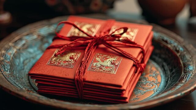 Presenting Decorative Red Envelopes Arranged on Antique Metal Plate with Elegant Ribbon Tying