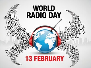 Vibrant world radio day graphic with headphones and musical notes on grey background