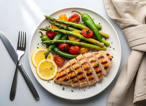 Grilled chicken breast served with roasted asparagus, cherry tomatoes, and lemon wedges