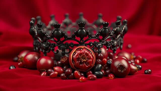 infamy. Obsidian crown and pomegranate seeds on crimson velvet in dramatic lighting. event programs, museum guides, designed for cultural heritage projects and event programs.