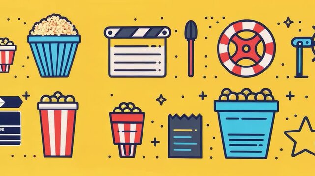 Bright icons of cinema attributes in sunny shades create a festive atmosphere, perfectly fitting into the background for posters of cultural events and entertainment projects.
