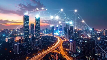Modern cityscape at dusk with glowing network connections, symbolizing global communication and technology. - Powered by Adobe