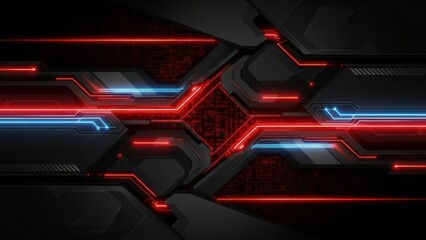 Abstract Futuristic Technology Background With Red And Blue Neon Lines Glowing Dark