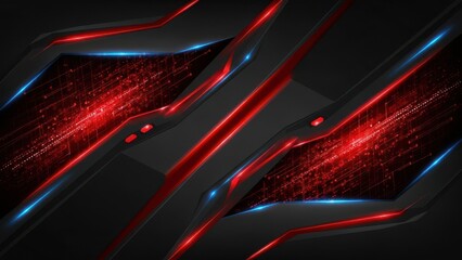 Abstract Futuristic Tech Background With Red Blue And Black Geometric Shapes Glowing Lines And Digital Particles