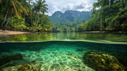 A picturesque view of a tropical lagoon with clear turquoise water blending seamlessly with lush vegetation and distant mountains on a sunny day, paradise.