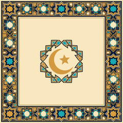 Golden crescent moon and star symbol within intricate Islamic geometric pattern.
