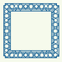 Intricate blue geometric frame with repeating patterns.
