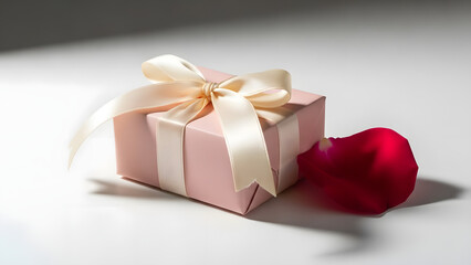 Elegant pink gift box with cream ribbon and red rose petal