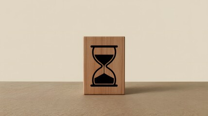 Wooden block with black hourglass symbol on beige background