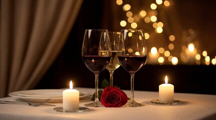 Romantic dinner setting with wine glasses, candles, and rose
