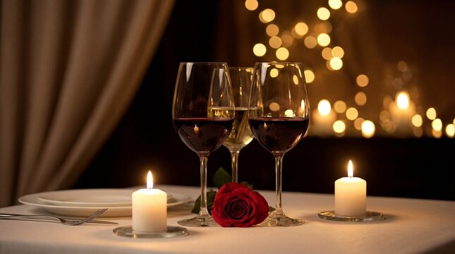 Romantic dinner setting with wine glasses, candles, and rose