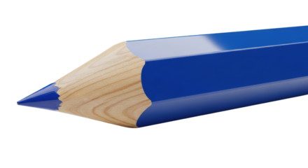 Oversized hexagonal coloring pencil in vibrant cobalt blue lacquer with light maple wood tip and ultra-sharp indigo lead, isolated on transparent background with copy space. concept of precision and