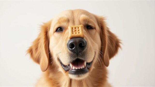 Golden retriever balancing biscuit on nose, studio portrait
