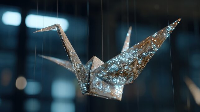 Elegant origami crane suspended in light, showcasing intricate circuitry pattern and modern artistic design elements