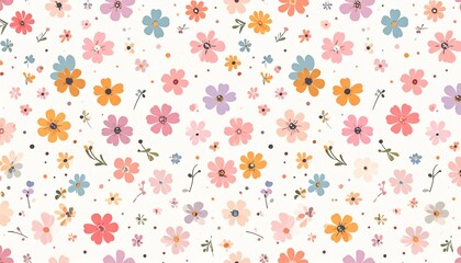 Colorful flowers scattered across a white background creating a lively and playful pattern from a top-down viewpoint