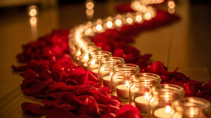 Romantic arrangement of candles and rose petals on wooden floor
