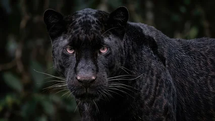 Fototapeten Puma A striking close-up of a black panther in its natural habitat, showcasing its powerful and majestic presence.  © Ionela