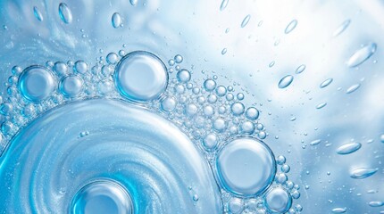 Abstract water bubbles, blue background, fluid dynamics, nature texture