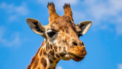A detailed close-up image of a giraffe's face, showcasing its expressive eyes, large ears, and distinctive coat pattern against a bright blue sky.