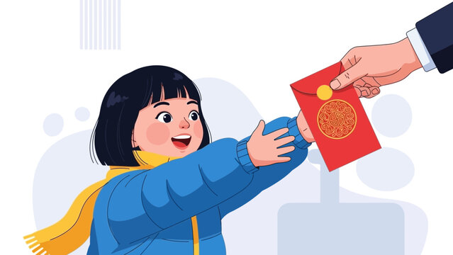 A cheerful child receives a red envelope, a traditional gift, from an adult's hand during a festive celebration.