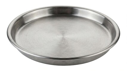 A single, round, stainless steel dish with a shiny, reflective surface. The dish appears to be empty and is placed on a white background.
