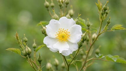 A close-up image of a single white flower with a yellow center, surrounded by green foliage and buds, set against a blurred green background.