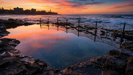 A serene sunset over coastal rocks with a reflection in the water, featuring a rustic fence and distant buildings.