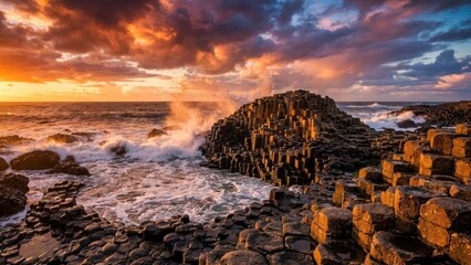 A breathtaking sunset illuminates the unique hexagonal basalt columns of Giant's Causeway, with waves crashing against the rugged coastline.