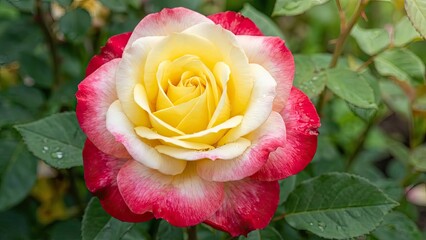 A close-up photograph of a beautiful bicolor rose with a yellow center and red edges, set against a backdrop of green leaves.