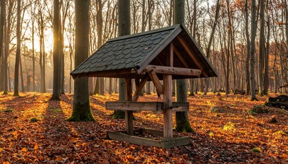Wooden feeder in autumn forest with golden sun rays filtering through trees
