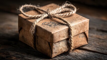 Small brown kraft gift box tied with twine sits on a rustic dark wood surface under warm moody lighting highlighting the vintage texture.