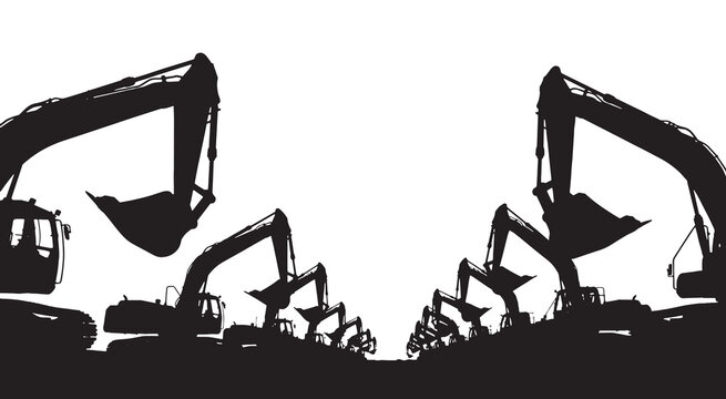 Heavy machinery excavation equipment silhouette construction site.