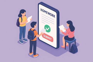 Students interacting with a large mobile application, completing and submitting homework assignments online through a modern e learning system