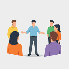 Vector illustration of a business team meeting with a leader presenting to a group of colleagues.