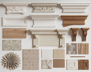 Collection of architectural molding samples and decorative elements including fireplace mantels wood samples and wallpaper