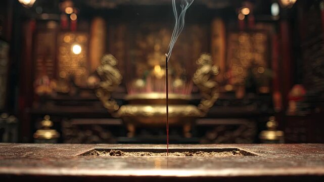Burning Incense Stick Releasing Gentle Smoke in Peaceful Traditional Temple Interior