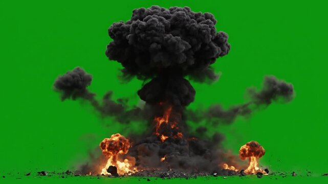 Epic and Powerful Nuclear Explosion on Green Screen Background with Rising Dark Smoke and Debris Aftermath