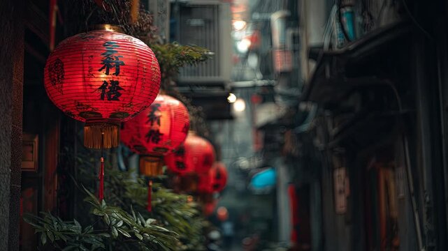 Glowing Red Lanterns Lighting Narrow Urban Alley at Dusk with Atmospheric Focused Ambience