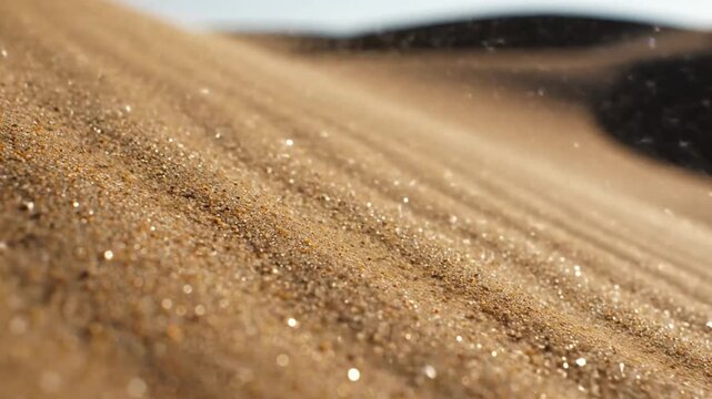 Close-up of golden sand dunes blowing in the wind during a sunny day in the desert