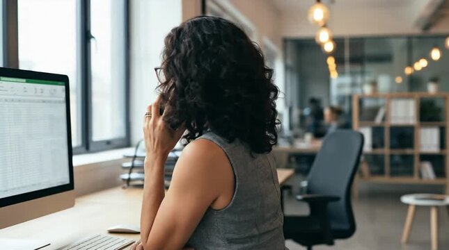 Focused professional woman working on computer spreadsheet in a modern, brightly lit office environment, showcasing productivity and corporate life