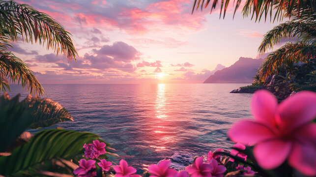 A breathtaking tropical sunset paints the sky with vibrant pinks and oranges as seen through lush green palm fronds and vibrant pink plumeria flowers at the beach.