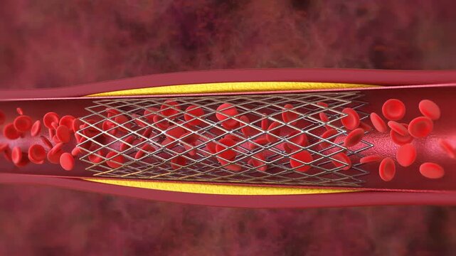 Close-up medical footage of balloon angioplasty procedure showing stent deployment inside a human vein during minimally invasive vascular surgery.