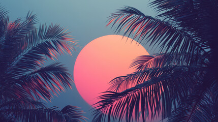 A captivating sunset glows in shades of orange and pink behind silhouetted palm tree fronds against a gradient blue sky creating a serene tropical scene.