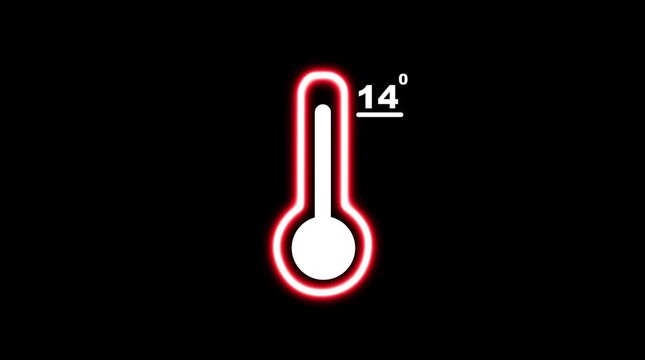 Neon red thermometer displaying 14 degrees on a black background temperature measurement