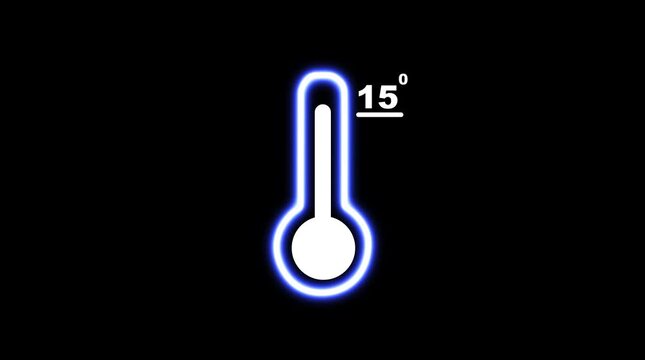 Neon blue thermometer showing 15 degrees on a black background temperature measurement