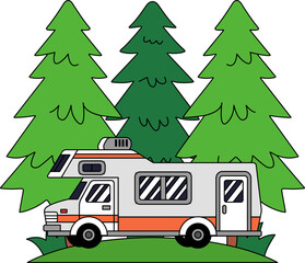 A camper van is parked in a forest