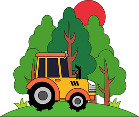 A yellow tractor is driving through a field