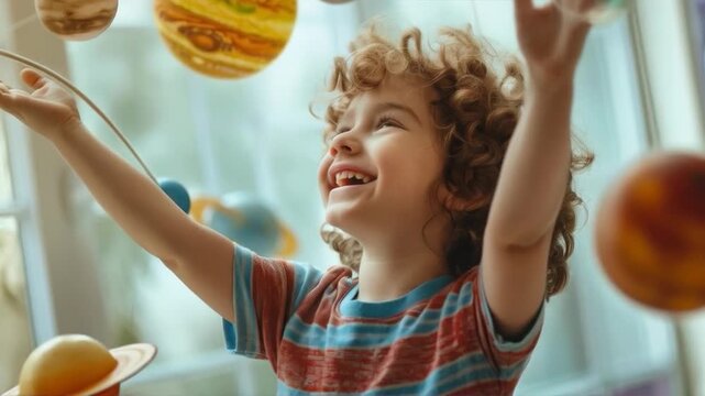 A child eagerly reaches for hanging planets, embodying curiosity &mdash; an excellent backdrop for educational materials about space or children's toys.
