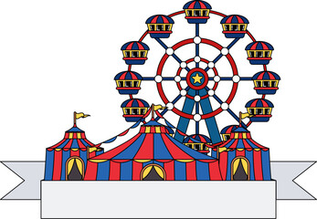 A carnival with a large Ferris wheel and a circus tent logo